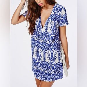 Missguided Blue White Floral V-Neck Shift Dress